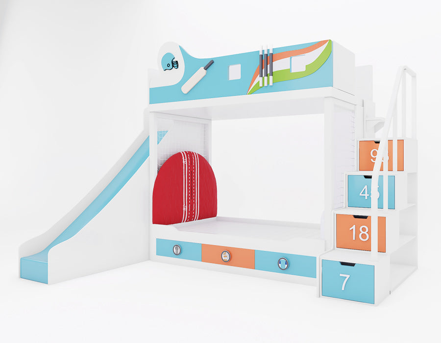Side view of a cricket-themed kids' bunk bed featuring a slide, colorful cricket-inspired designs, and staircase drawers. The bunk bed includes a red cricket ball-shaped cushion, pull-out storage drawers, and a white staircase with numbered drawers for additional functionality.