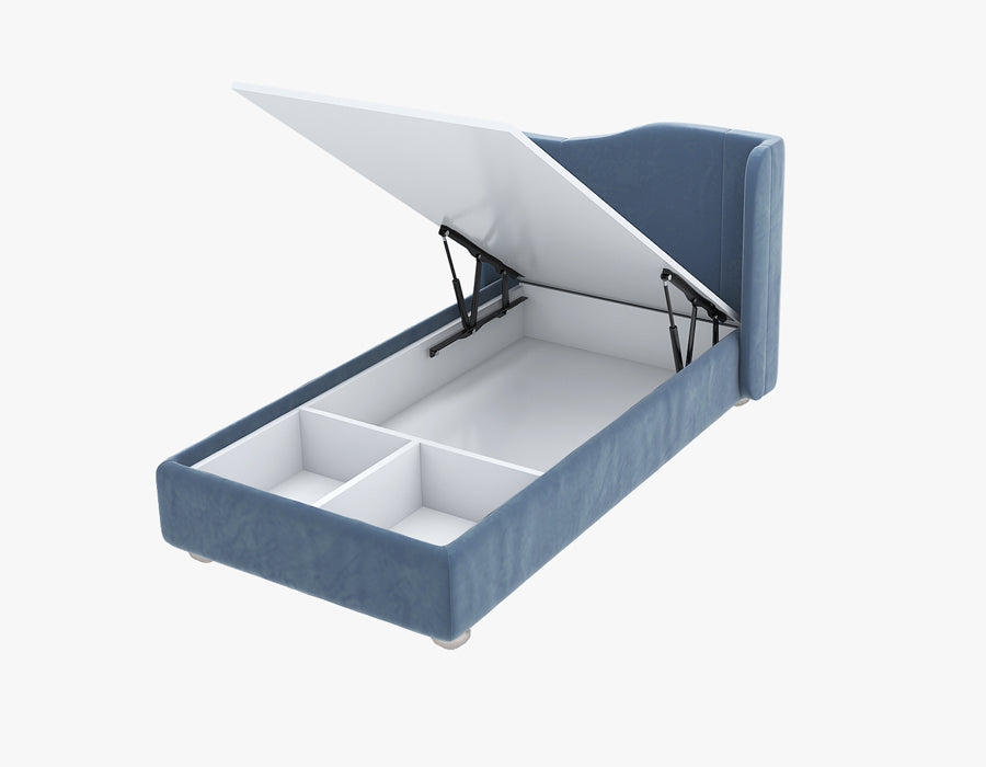 Functional blue children's bed, featuring a lift-up mechanism that reveals spacious storage compartments underneath. The bed combines playful design with practical storage solutions, making it a perfect addition to a child's bedroom.