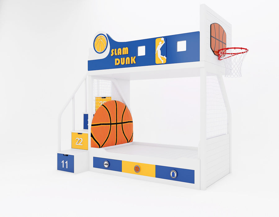 Angled view of Slam Dunk Warriors bunk bed with basketball-shaped headboard, court netting side walls, and mounted basketball hoop