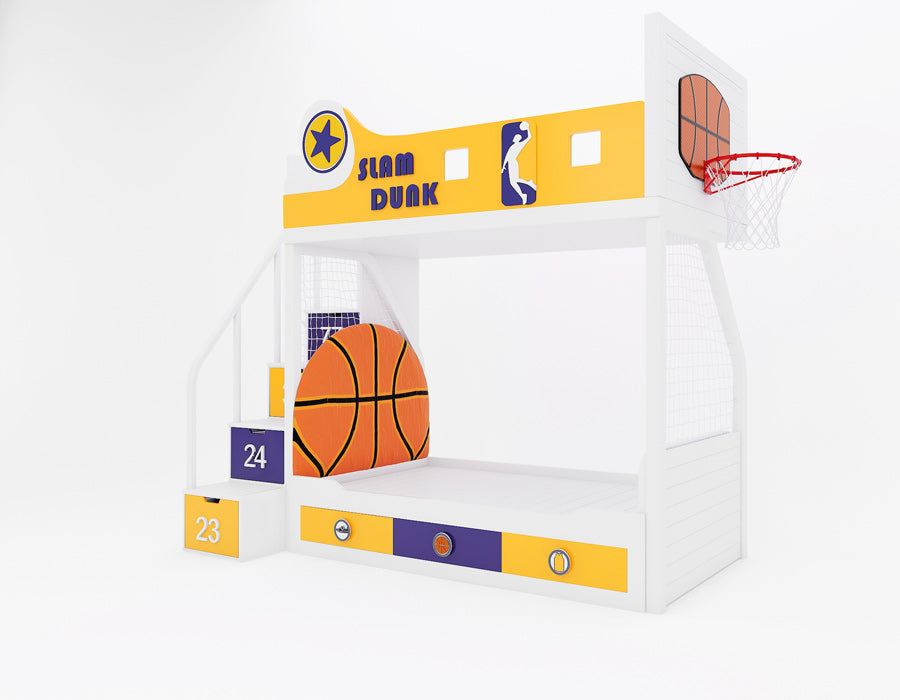 Angled view of Slam Dunk Lakers bunk bed with basketball-shaped headboard, court netting side walls, and mounted basketball hoop