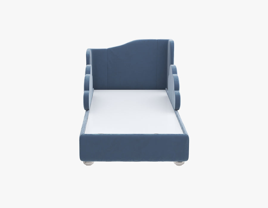 Front view of Stylish blue children's bed featuring a high backrest and cloud-shaped side rails, providing a playful and secure sleeping environment. The bed is upholstered in a soft blue fabric, offering a comfortable and charming addition to a child's bedroom.