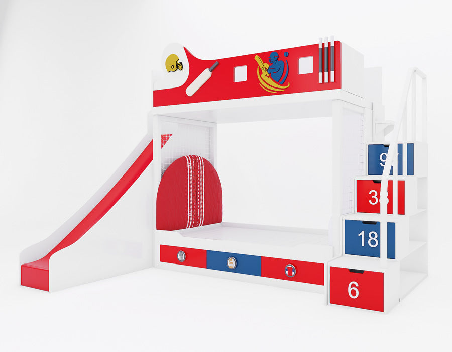 Red, white, and blue cricket-themed kids' bunk bed featuring a slide on the left, a staircase with numbered storage drawers (6, 18, 38, 97), and a netted play area. The upper bunk is adorned with cricket-inspired graphics, including a bat, ball, and player illustration, along with a bold red design. A sporty and functional bed for young cricket enthusiasts.