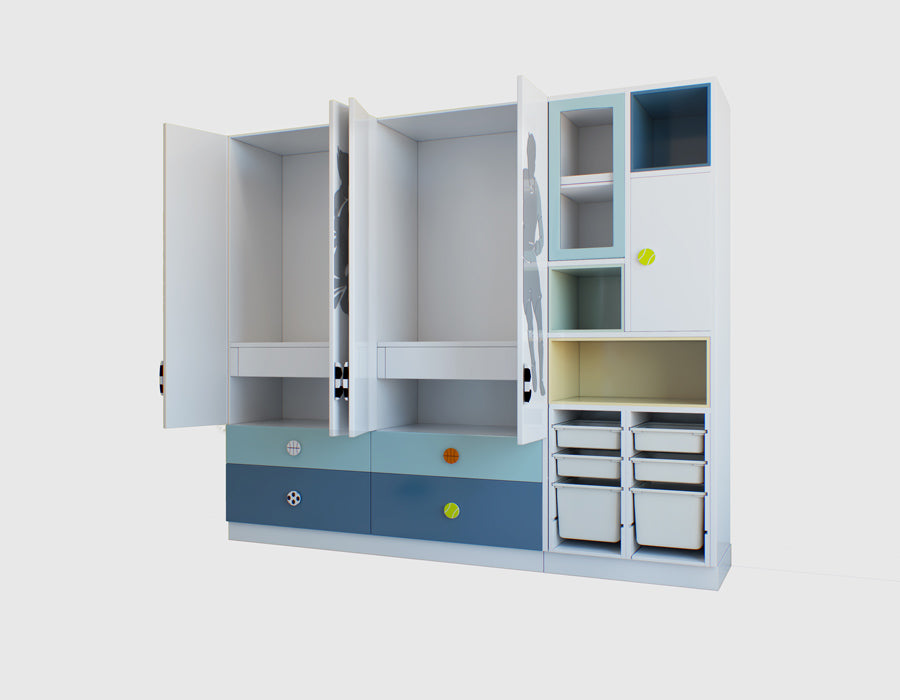 An open and side view of a modern wardrobe with soccer player silhouettes and ball-shaped knobs on its doors, displayed against a white background, partially showing an adjacent shelving unit with empty compartments and drawers.