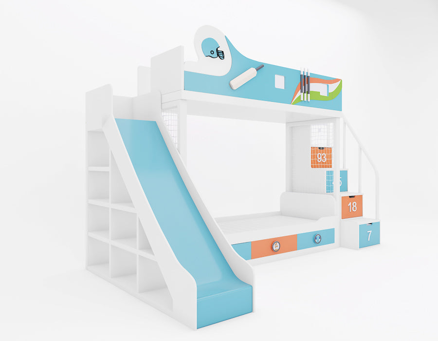 Rear view of a cricket-themed kids' bunk bed featuring a blue slide, storage shelves, and staircase drawers with cricket-inspired designs. The bed includes pull-out storage drawers, a netted play area, and vibrant sports-themed decorations for a fun and functional design.