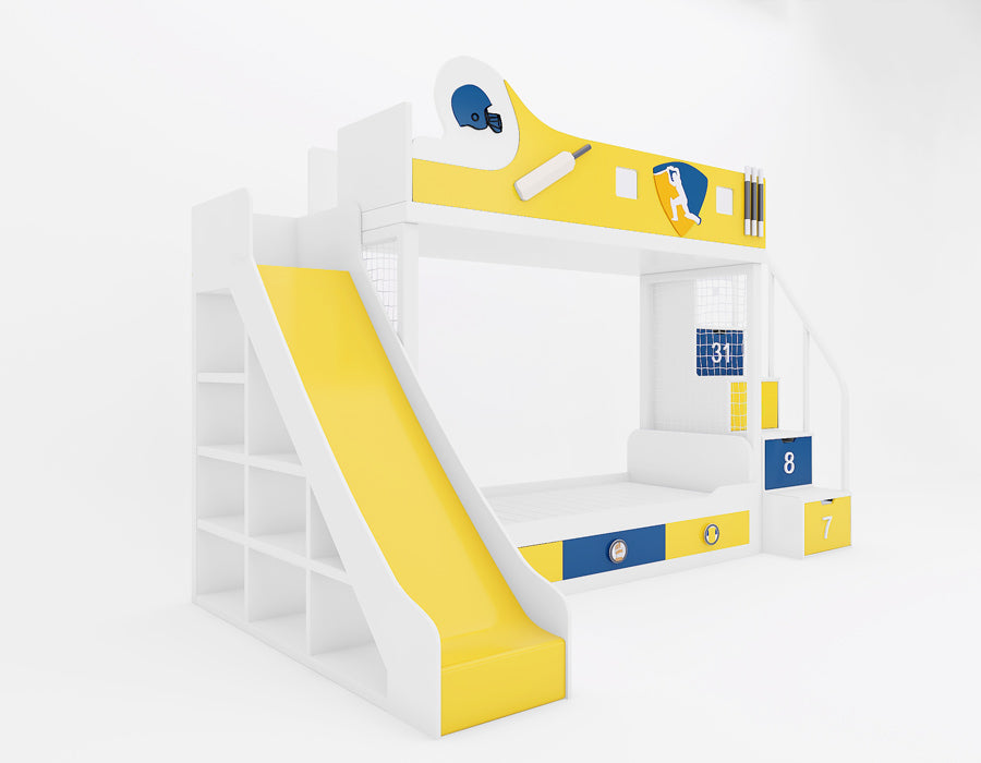 Yellow, white, and blue cricket-themed bunk bed featuring a slide, a netted play area with a cricket field backdrop, and multiple storage shelves on the side. Includes numbered staircase drawers and additional under-bed storage for a functional and playful design.