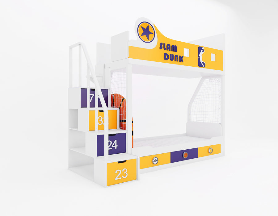 Side view of Slam Dunk basketball themed bunk bed in Lakers purple and gold showing staircase storage drawers and Slam Dunk banner headboard