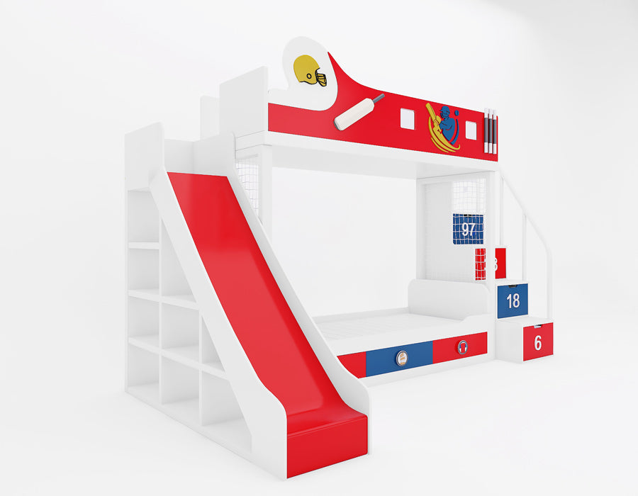 Red, white, and blue cricket-themed kids' bunk bed featuring a slide on the left with integrated shelving, numbered storage stairs (6, 18, 97), and a netted play area. The upper bunk is decorated with cricket graphics, including a helmet, bat, and player illustration, combining sporty design with practical functionality for active kids.