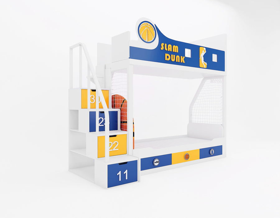 Side view of Slam Dunk basketball themed bunk bed in Warriors blue and gold showing staircase storage drawers and Slam Dunk banner headboard