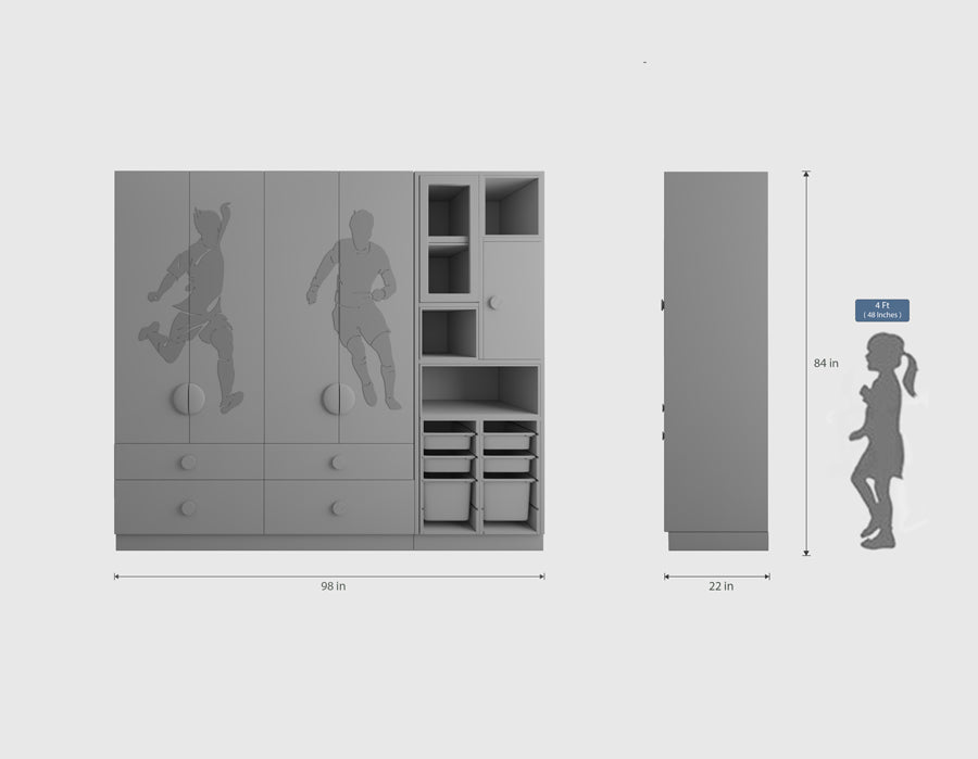 A schematic representation of a gray wardrobe with soccer-themed designs, alongside a shelving unit, showing dimensions: wardrobe width at 98 inches, side view depth at 22 inches, and height at 84 inches, with a human figure for scale.