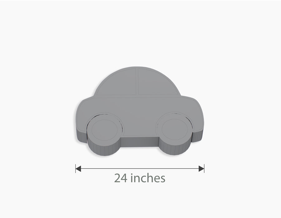 Simplified grey car-shaped ceiling light measuring 24 inches wide for children's rooms.