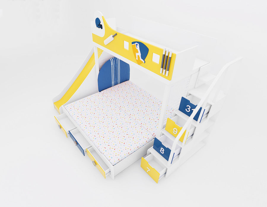 Top-down view of a cricket-themed bunk bed in yellow, white, and blue, featuring a lower bed with colorful patterned bedding, staircase drawers numbered for storage, a slide on the left, and a cricket field-inspired backdrop. Includes under-bed storage drawers and a fun play area.