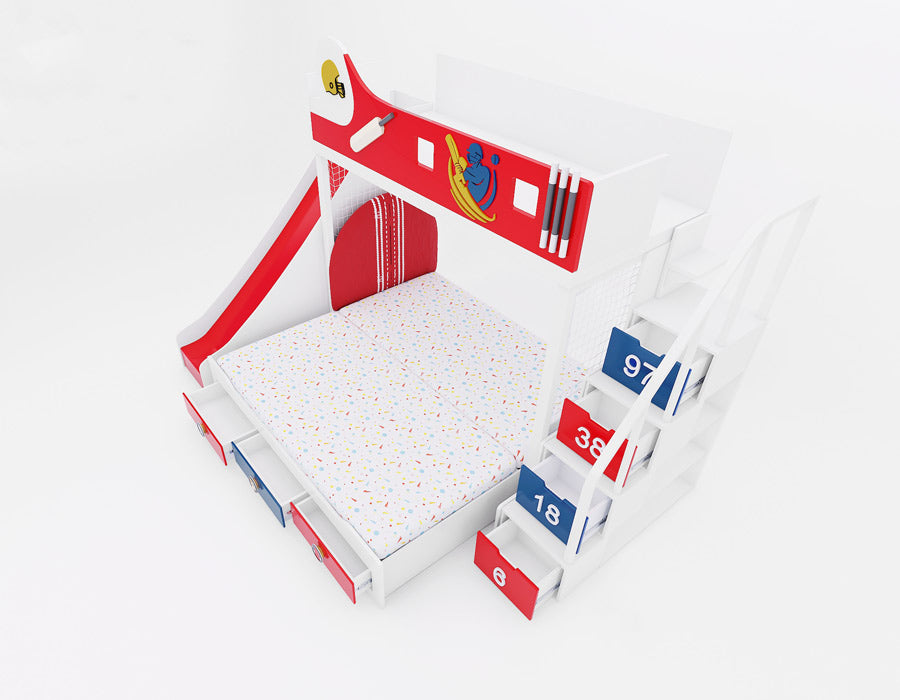 Top view of a cricket-themed kids' bunk bed in red, white, and blue, featuring a slide on the left, numbered storage stairs (6, 18, 38, 97), and a pull-out lower bed with colorful drawers. The upper bunk is adorned with cricket graphics, including a bat and player illustration, designed for sporty and playful kids.
