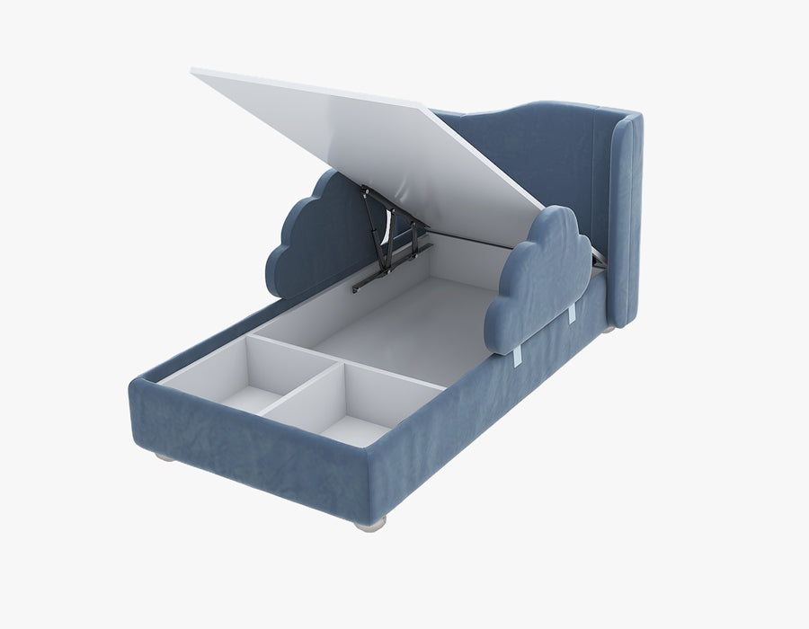 Functional blue children's bed with cloud-shaped side rails, featuring a lift-up mechanism that reveals spacious storage compartments underneath. The bed combines playful design with practical storage solutions, making it a perfect addition to a child's bedroom.