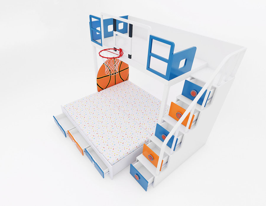 Top-down view of Jordron Knicks bunk bed with trundle fully extended and all blue and orange storage drawers visible