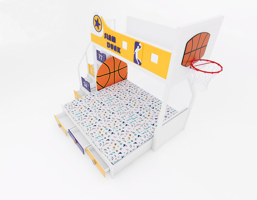 Top-down view of Slam Dunk Lakers bunk bed with trundle fully extended and purple and gold storage drawers visible