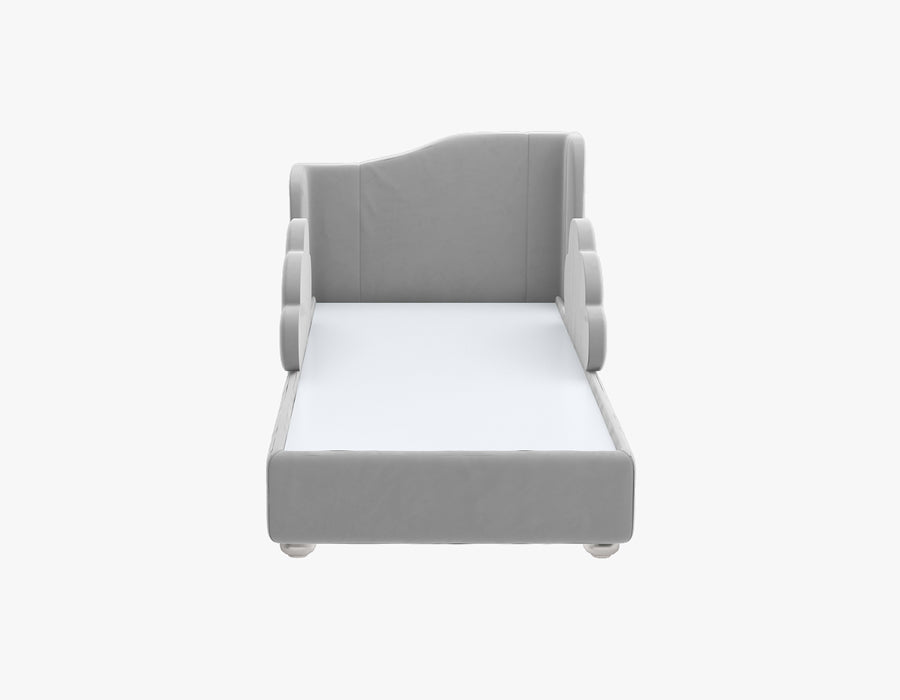 Front view of Stylish Grey children's bed featuring a high backrest and cloud-shaped side rails, providing a playful and secure sleeping environment. The bed is upholstered in a soft blue fabric, offering a comfortable and charming addition to a child's bedroom.