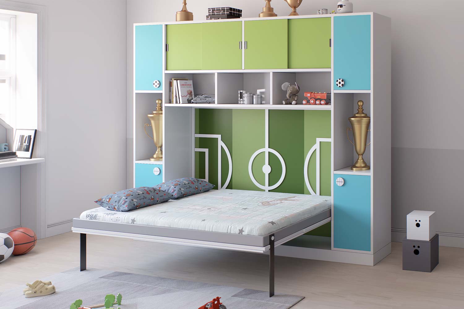 Modern children's bed with overhead storage in vibrant green and blue, designed with a football theme, including a trophy display and a soccer ball.