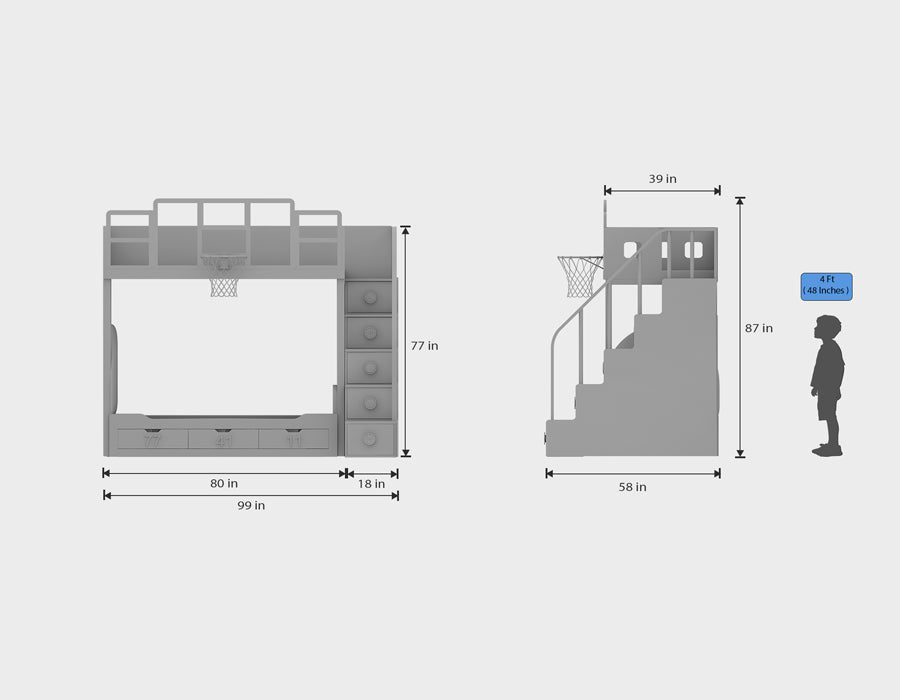 Jordron basketball bunk bed dimensions diagram — 99 inches length, 58 inches width, 87 inches height with 4ft child reference