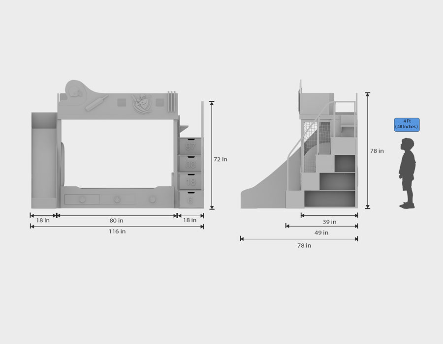 Detailed dimension diagram of a cricket-themed kids' bunk bed, showing measurements of 116 inches in length, 78 inches in height, and 39 inches in width. Features include a slide, numbered storage stairs (97, 38, 18, 6), and a pull-out lower bed, with a scale reference of a 4-foot child for size comparison.