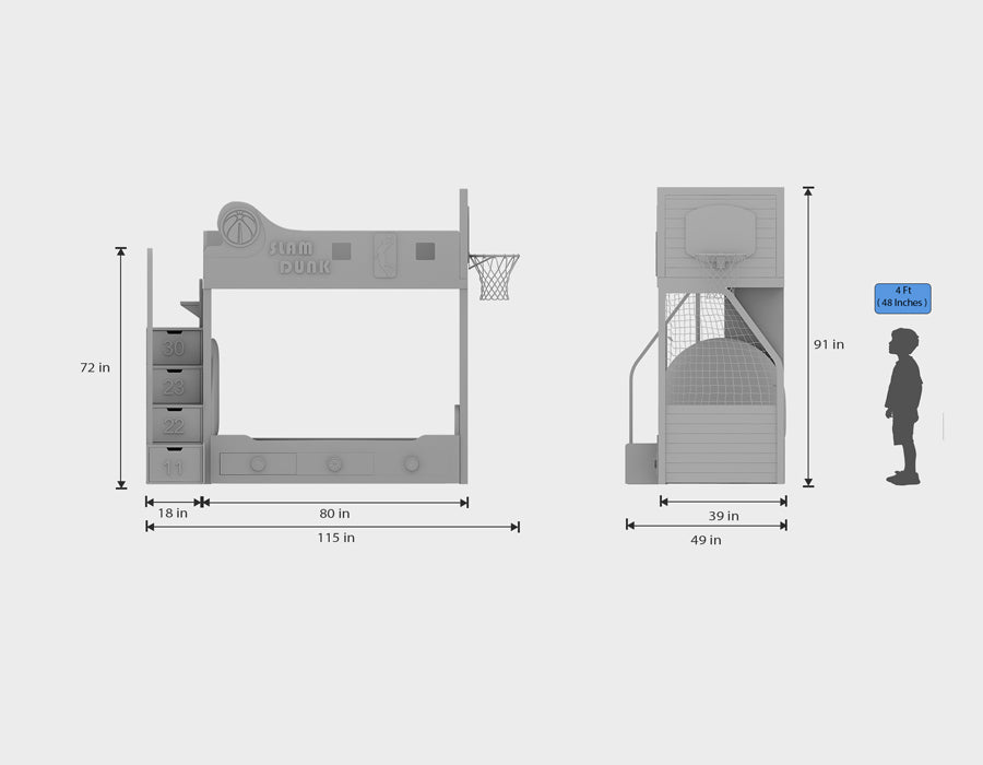 Slam Dunk Warriors basketball bunk bed dimensions diagram — 115 inches length, 49 inches width, 91 inches height with 4ft child reference