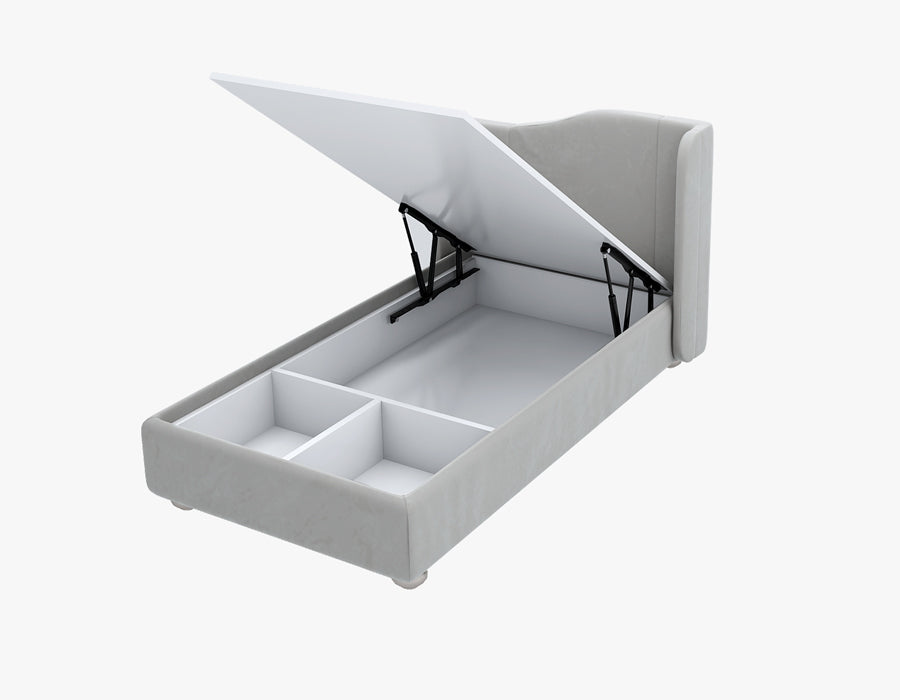 Functional grey children's bed, featuring a lift-up mechanism that reveals spacious storage compartments underneath. The bed combines playful design with practical storage solutions, making it a perfect addition to a child's bedroom.