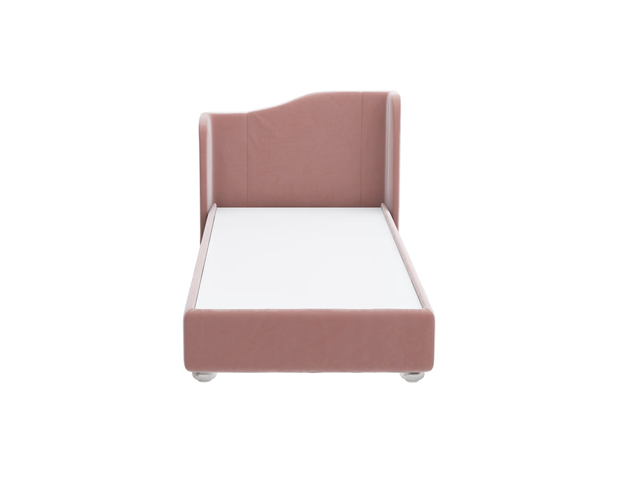 Front view of Stylish pink children's bed featuring a high backrest, providing a playful and secure sleeping environment. The bed is upholstered in a soft blue fabric, offering a comfortable and charming addition to a child's bedroom.