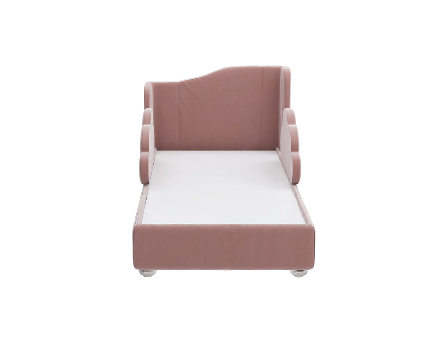 Front view of Stylish pink children's bed featuring a high backrest and cloud-shaped side rails, providing a playful and secure sleeping environment. The bed is upholstered in a soft blue fabric, offering a comfortable and charming addition to a child's bedroom.