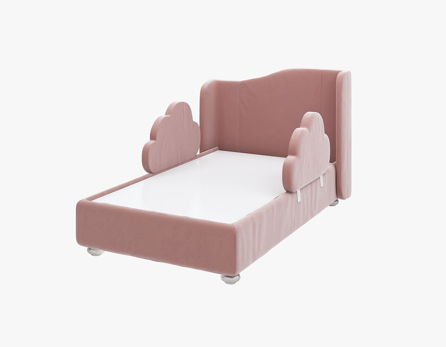 Stylish pink children's bed featuring a high backrest and cloud-shaped side rails, providing a playful and secure sleeping environment. The bed is upholstered in a soft blue fabric, offering a comfortable and charming addition to a child's bedroom.