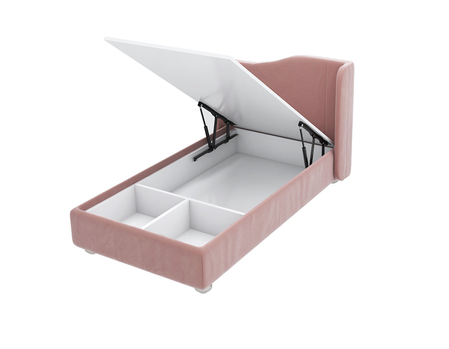 Functional pink children's bed, featuring a lift-up mechanism that reveals spacious storage compartments underneath. The bed combines playful design with practical storage solutions, making it a perfect addition to a child's bedroom.