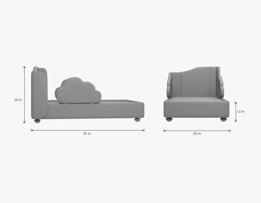 Dimensional diagram of a blue children's bed with cloud-shaped side rails, showing both side and front views. The bed measures 76 inches in length, 45 inches in width, and 13 inches in height. The headboard stands 36 inches tall. The illustration provides detailed measurements for a better understanding of the bed's size and proportions.