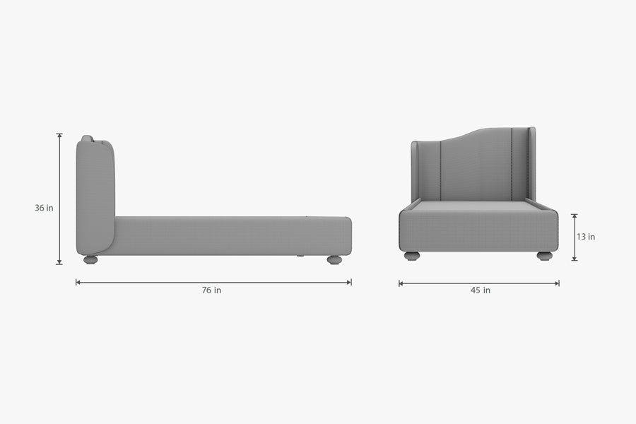 Dimensional diagram of a blue children's bed, showing both side and front views. The bed measures 76 inches in length, 45 inches in width, and 13 inches in height. The headboard stands 36 inches tall. The illustration provides detailed measurements for a better understanding of the bed's size and proportions.