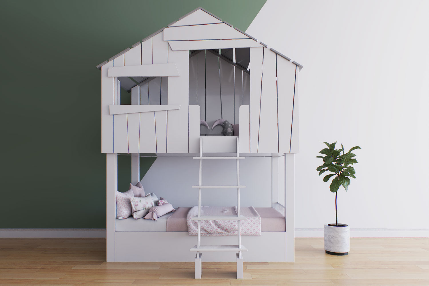 Minimalistic child's loft bed designed as a quaint house, complete with a ladder and a comfortable reading nook, adjacent to a potted plant.
