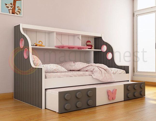 Pink colour lego themed conventional trundle bed