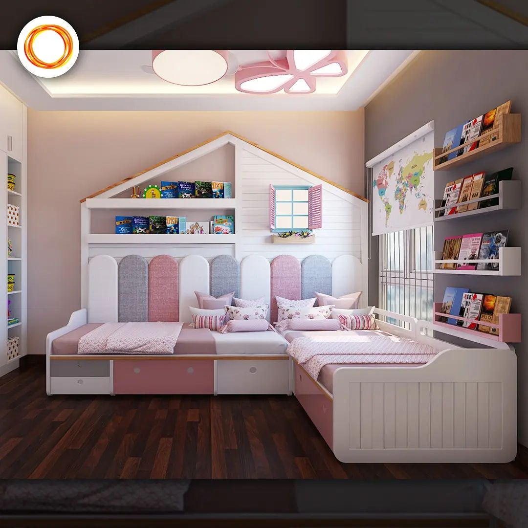 Room for 2 young kids with L shape bed and book shelves