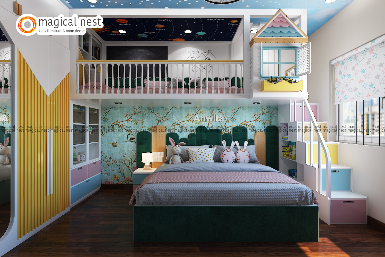 Kid's room interior design with a loft bed, wardrobe, stairs, and queen size kid's bed.  