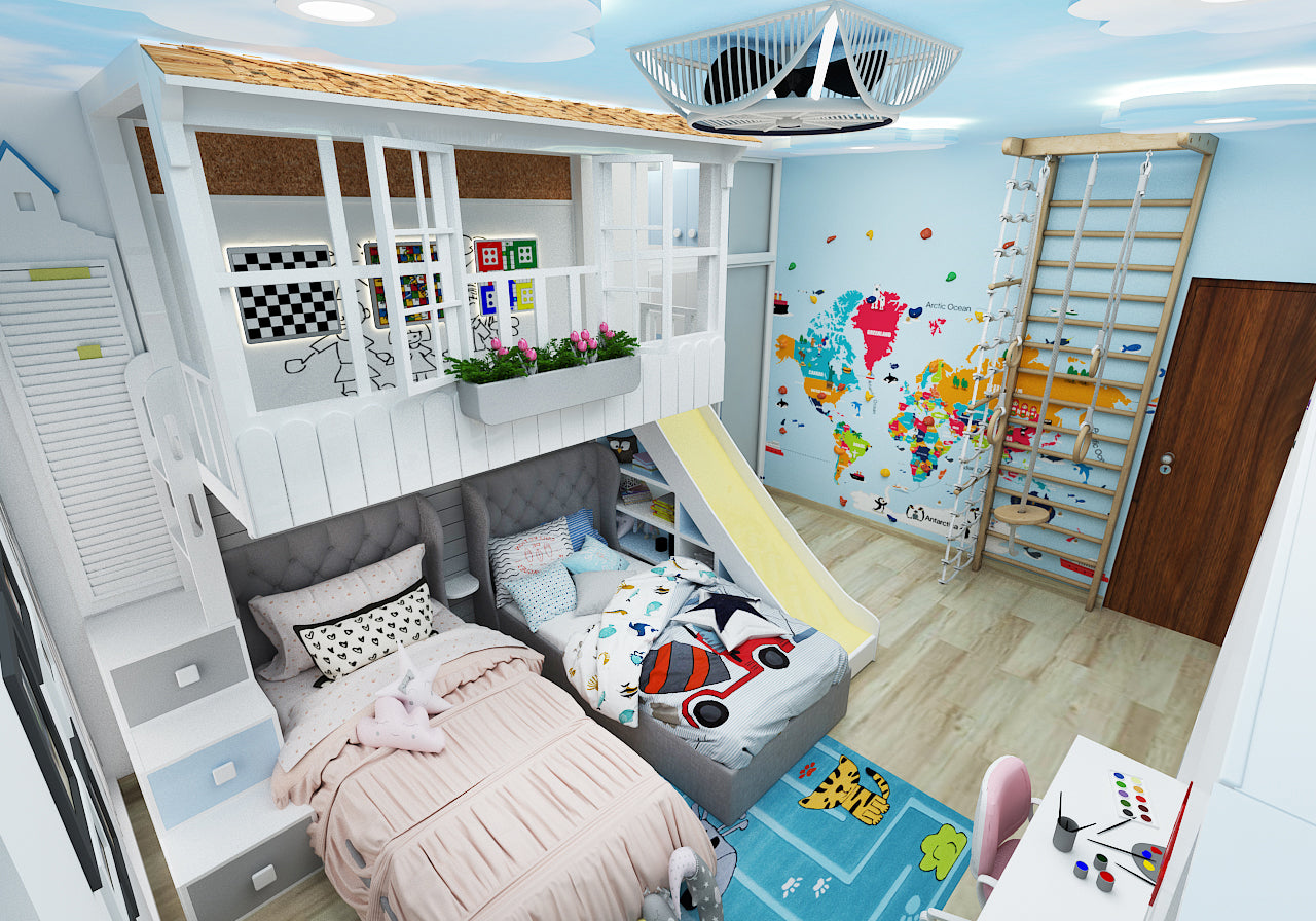 shared kids room with climbing wall, single beds and loft bed