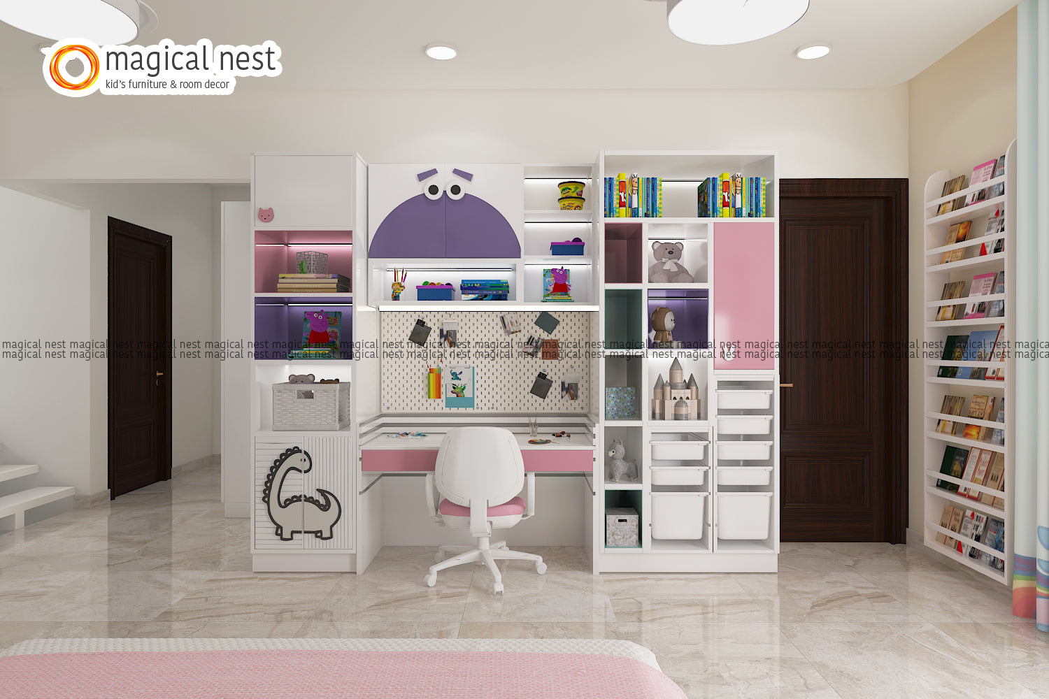  A spacious, bright children's room featuring Magical Nest's multifunctional study unit with white and pastel pink shelves, integrated desk, and playful dinosaur-themed drawer, adjacent to a book-filled white shelving unit.