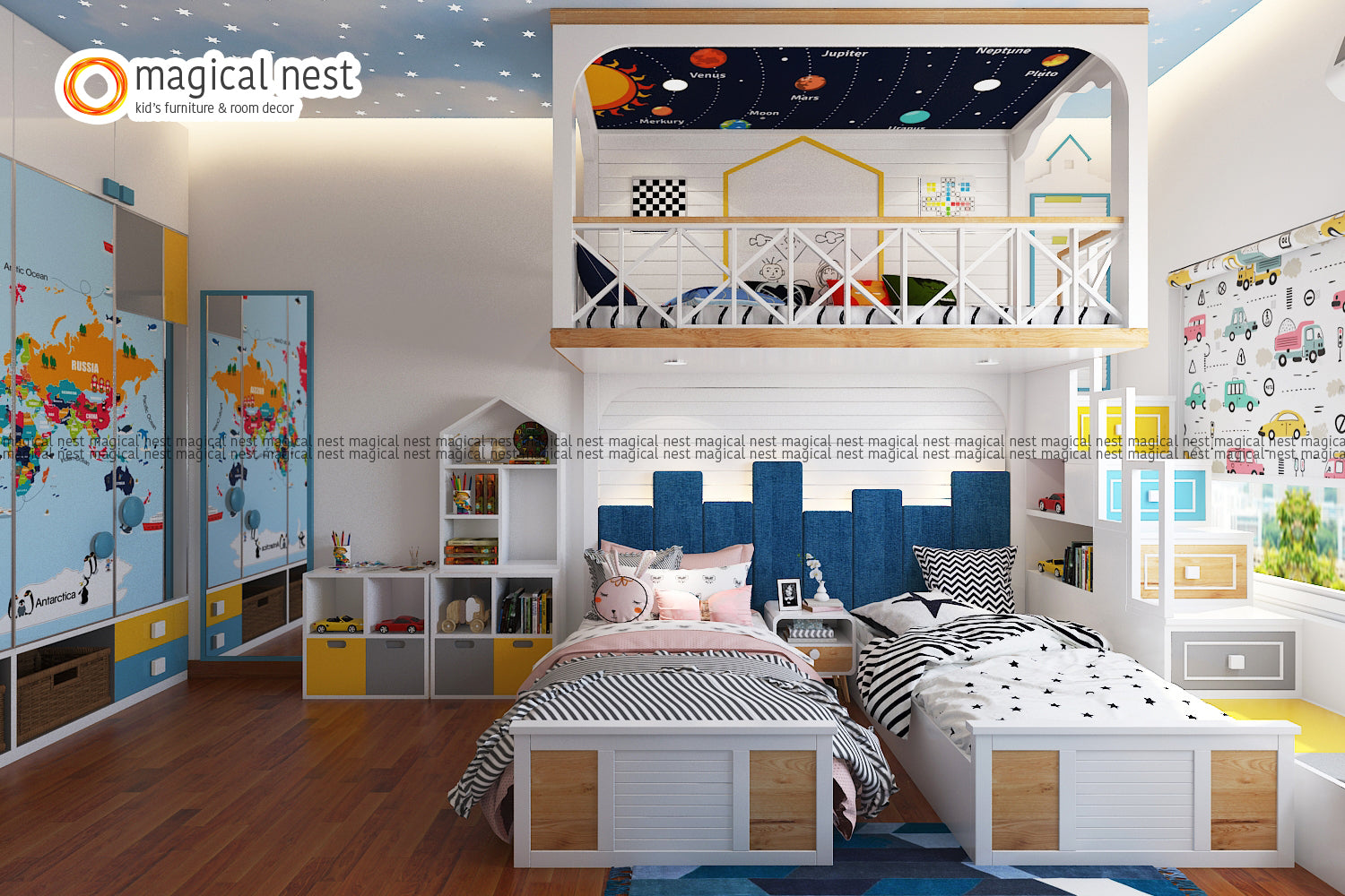 A kid’s room for the siblings. Independent bed, loft area for play that has board games and scribbling area, and a study table. Wardrobe and cabins for storage.
