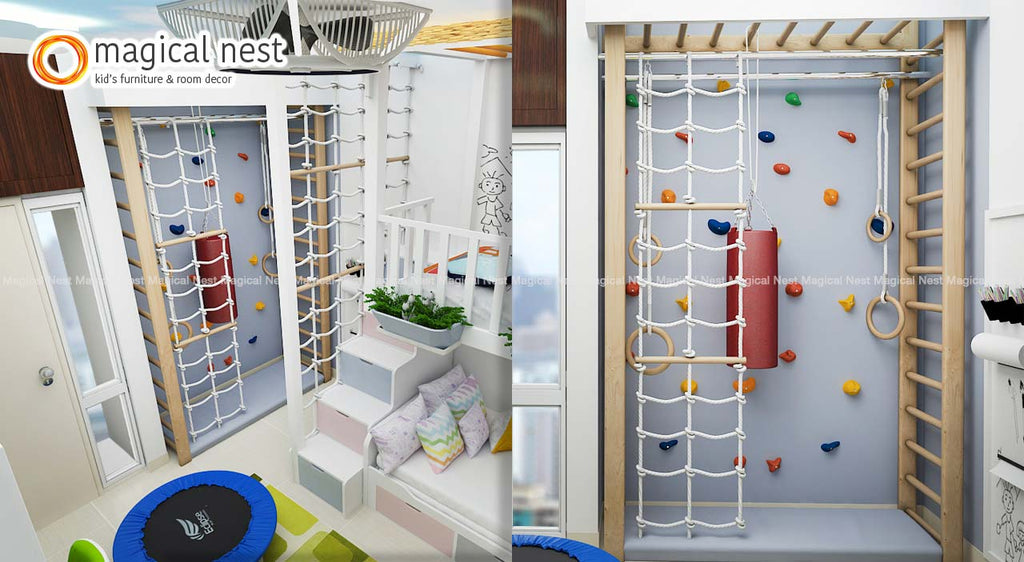 Kids climbing wall, ladder and ropes inside a room