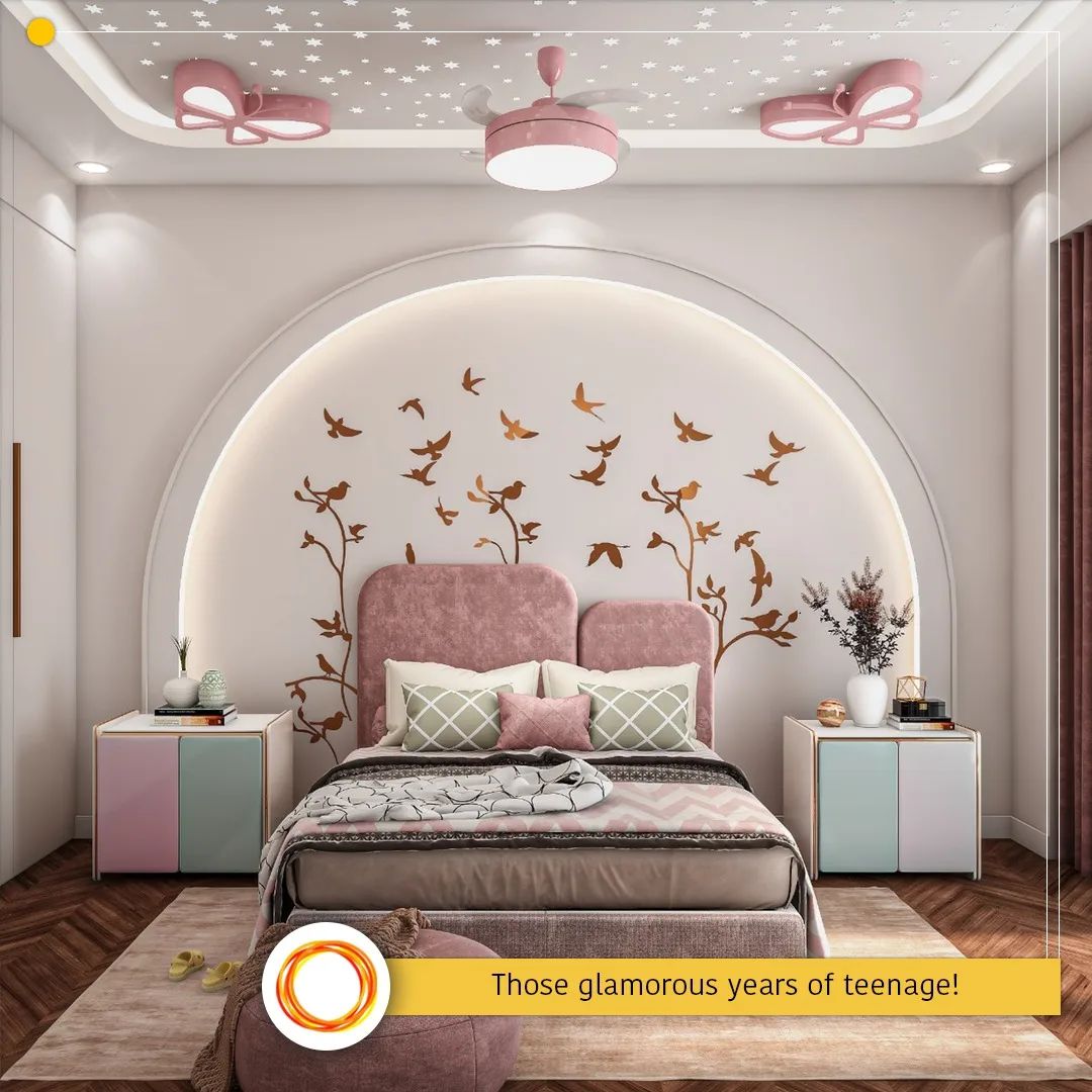 A teen girl’s room with bronze birds art frame over the headboard, twin-size bed and bedside cabinets on either side. The ceiling has butterfly light and the room has a pastel color theme.
