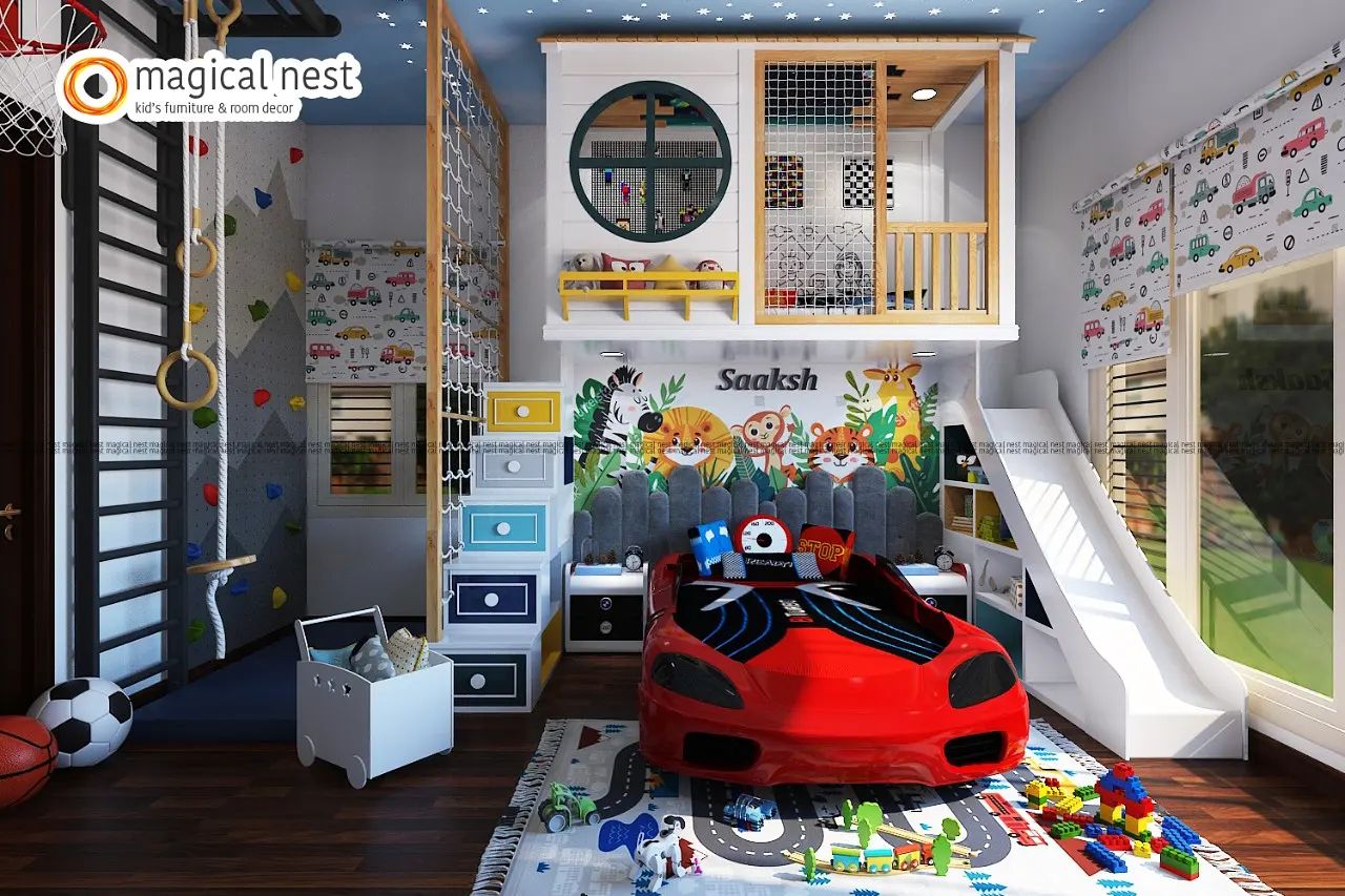 The car bed for kids with customized cushions, animal wallpaper and velvet upholstery. There is a loft with stairs, slide, and an activity area.