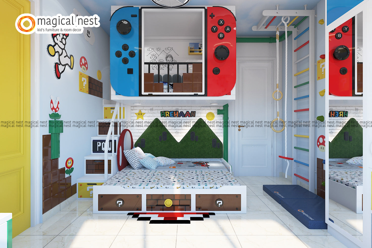 The kid’s room for boys is designed based on the Mario theme. The wall art, headboard and the loft area design justify the theme. There is an activity area and galaxy star ceiling.