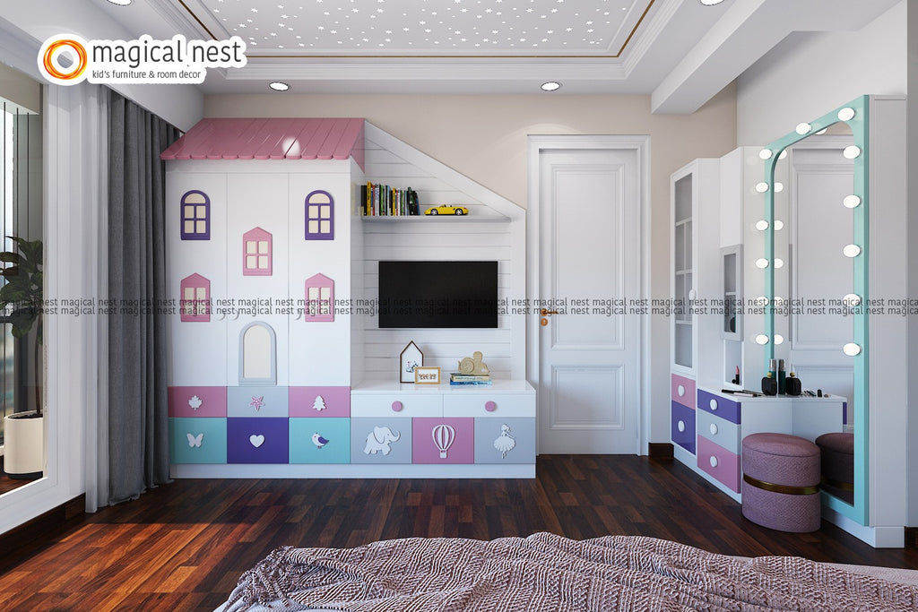 The wardrobe storage in a kids’ room with white base theme mixed with subtle colors of pink, purple and blue. The wardrobe has the combination of hangers, shelves and draws with horizontal slab for decor items.