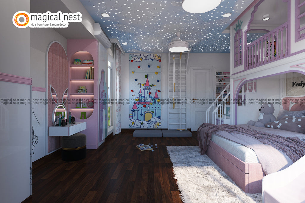 Kids’ room for girls. The room looks like a wonderland with a bunny mirror in the dressing area, a castle wallpaper and galaxy star ceiling.