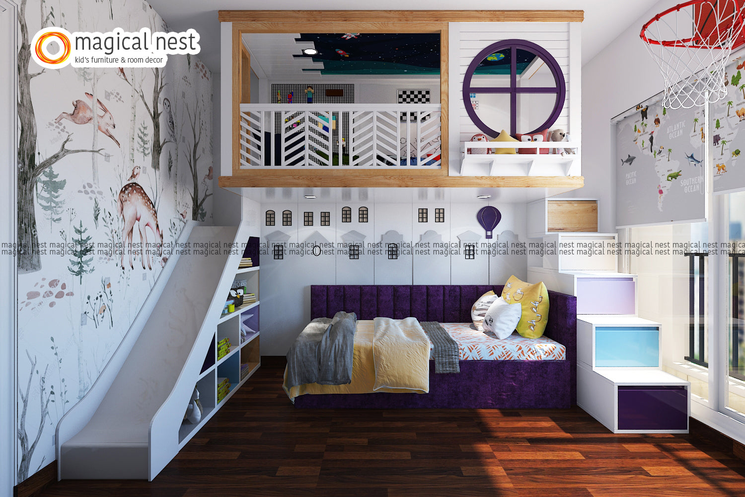 Purple theme kid’s room interior for the boy, with loft area sided by stairs and slide for play, a basketball board, and a study table.