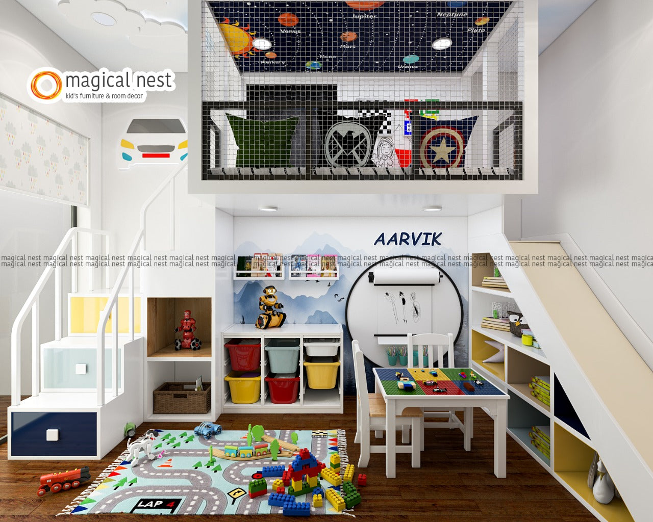 The room has been designed as an exclusive play area. It has a loft area with stairs and slides on either side. The walls have artboard and board games along with ladders and ropes.