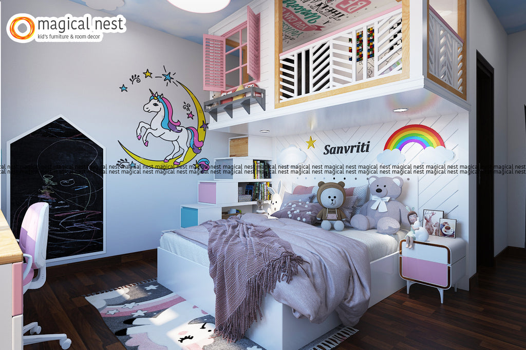 Pink pretty kid’s room interior with unicorn room wallpaper, stairs cum storage to the loft area with board games, comfortable bed with side tables, dressing space, and a study table for the girl.
