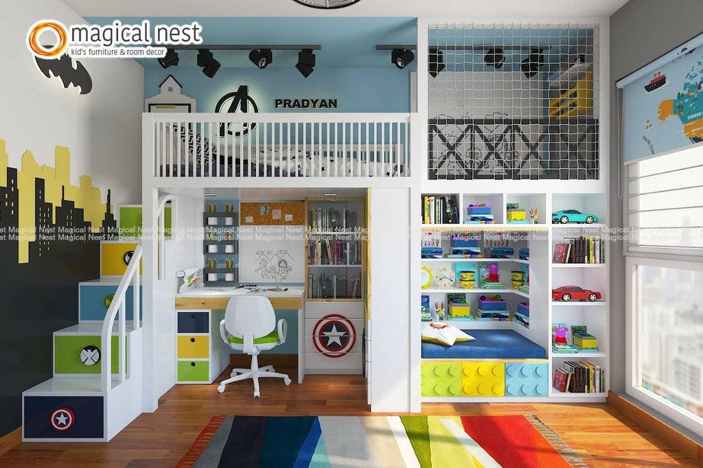 Vibrant boy's kids’ room with loft area, study table, and a reading corner by the window.
