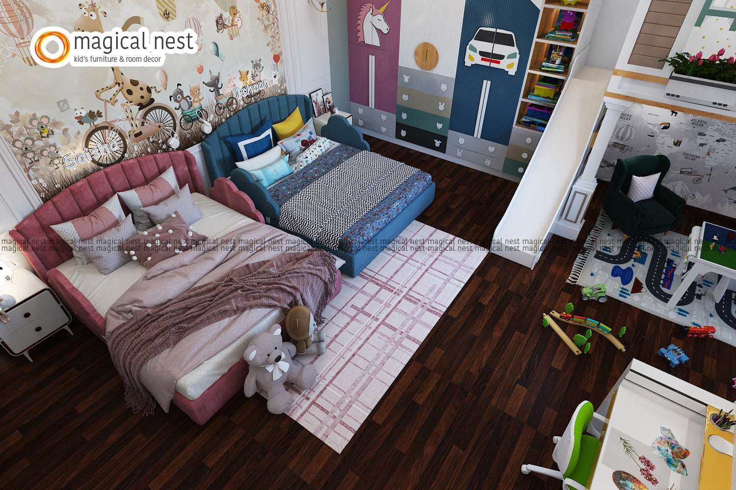 A cozy and imaginative child's room by Magical Nest with a whimsical forest wallpaper, a playful bed, a study area, and a toy-filled play space.