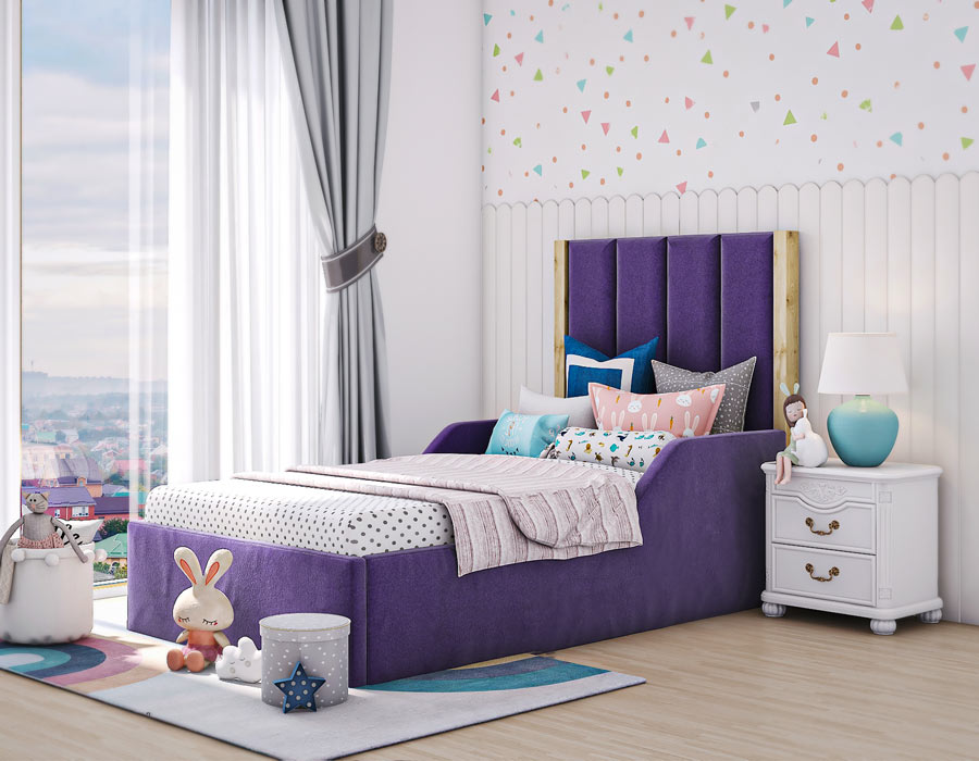 Kids' bedroom with a stylish purple bed featuring a unique tall headboard, complemented by a charming white nightstand and playful decor. Natural light floods the room, creating a bright and inviting space perfect for your child's comfort and creativity.